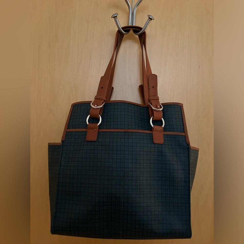 Classic Tote Bag in Dark Green Plaid with Brown Trim